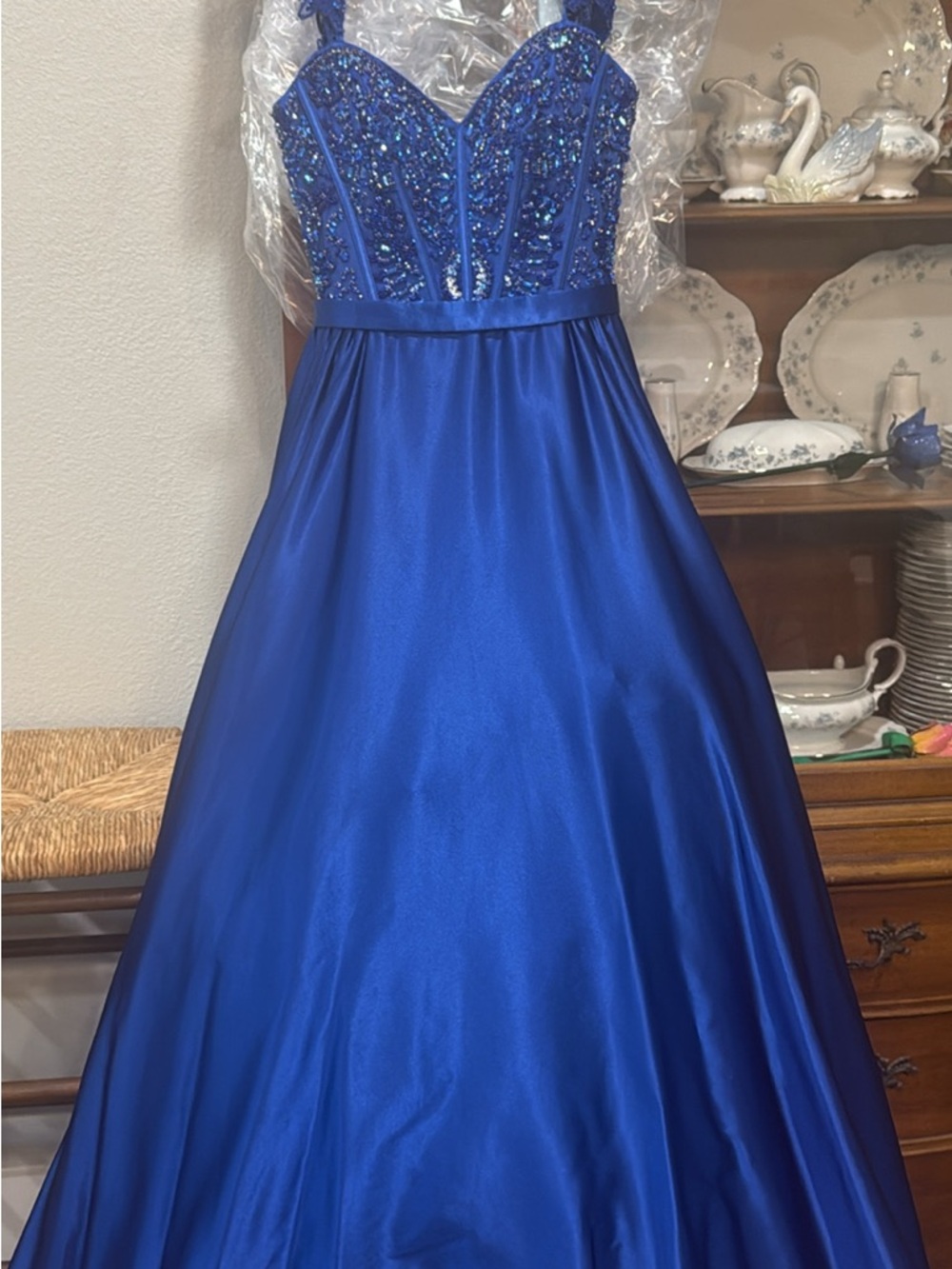 Sherri Hill Royal Blue Beaded Satin Gown